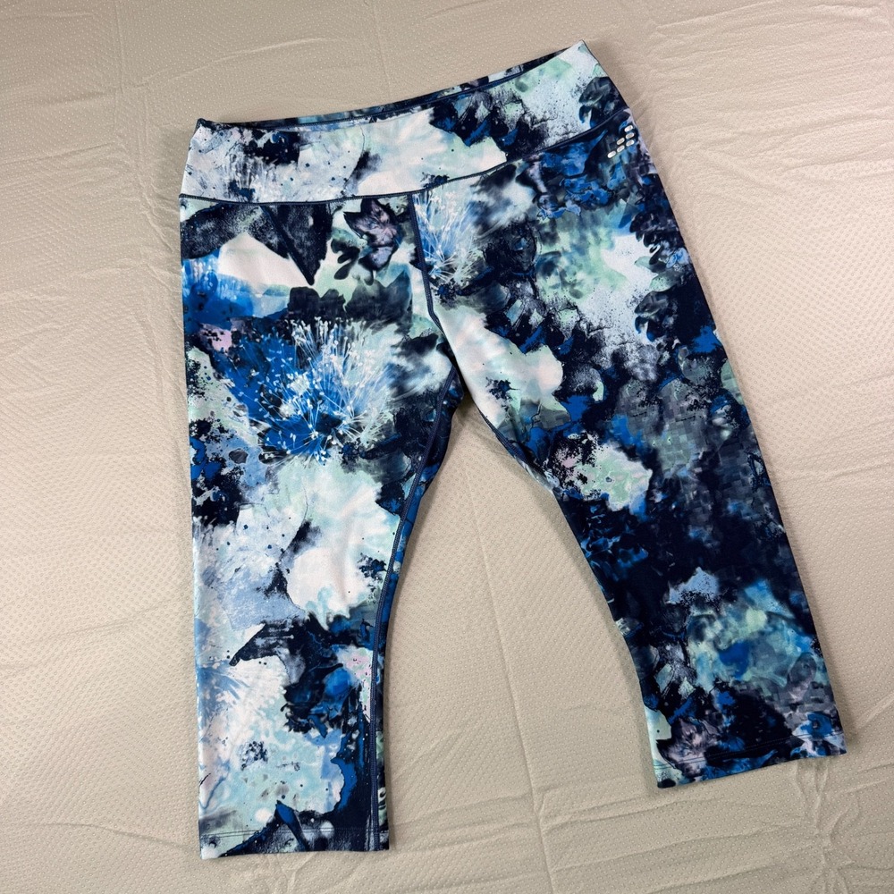 BCG Womens Large Capri Leggings Blue Floral Abstract Activewear Yoga Crop Pants